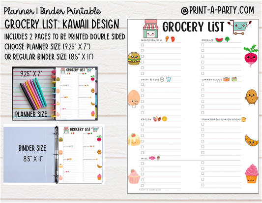 Grocery List Printable | KAWAII THEME | Planner & Binder Sizes | Planner Grocery List | Binder Grocery List | Classic Happy Planner | Home Management Organization Binder | Planner Printable