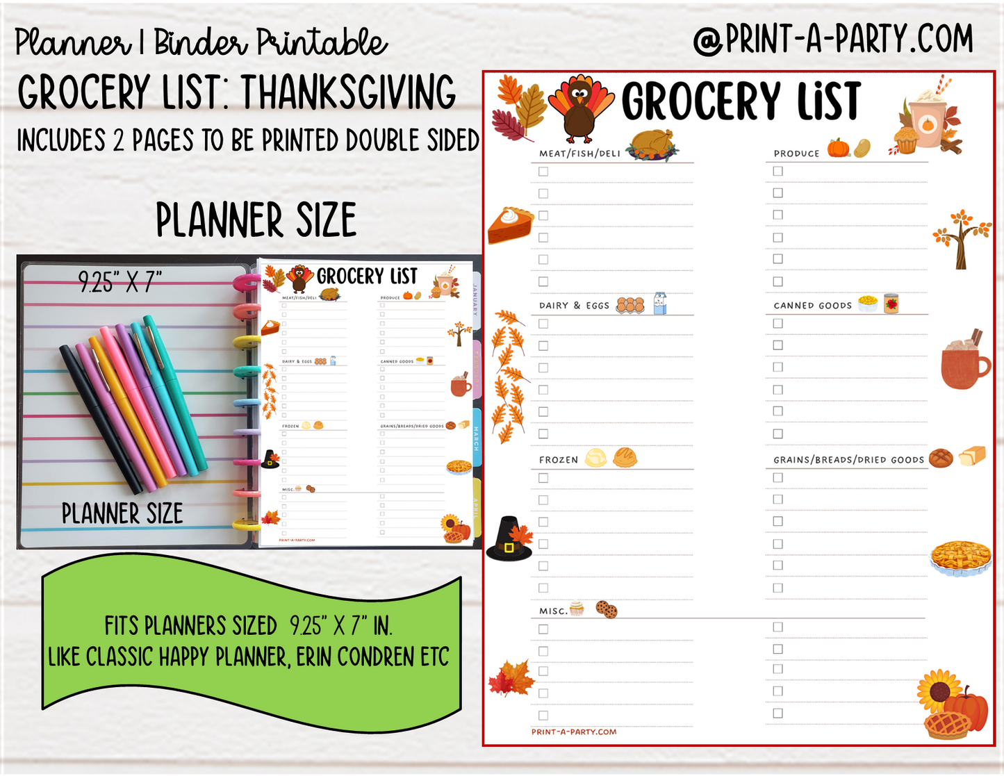 Grocery List Printable | THANKSGIVING THEME | Planner & Binder Sizes | Planner Grocery List | Binder Grocery List | Classic Happy Planner | Home Management Organization Binder | Planner Printable