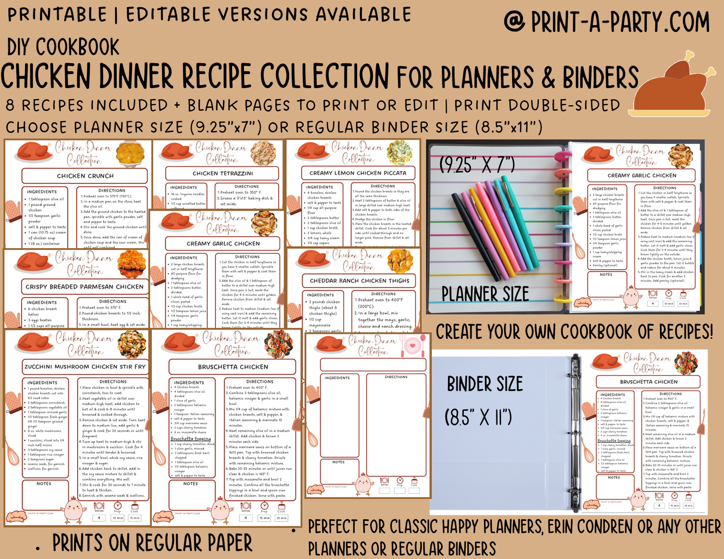 DIY Cookbook | CHICKEN DINNER Recipe Collection | PRINTABLE OR EDITABLE | Planner and Binder Size | Meal Plan | Planner Recipes | Binder Recipes