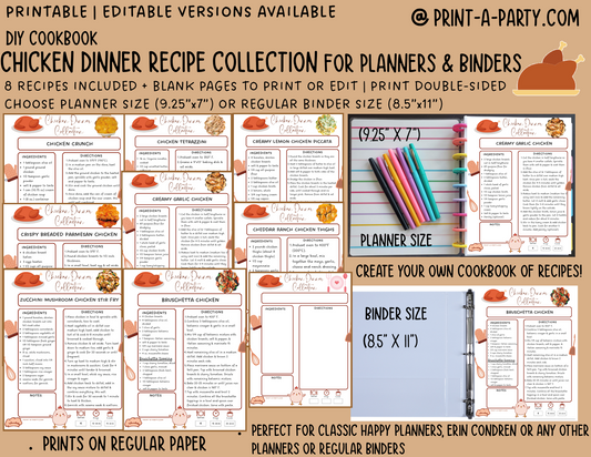 DIY Cookbook | CHICKEN DINNER Recipe Collection | PRINTABLE OR EDITABLE | Planner and Binder Size | Meal Plan | Planner Recipes | Binder Recipes