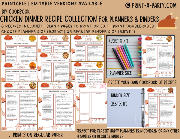 DIY Cookbook | CHICKEN DINNER Recipe Collection | Printable or Editable | Planner and Binder Size | Meal Plan | Planner Recipes | Binder Recipes