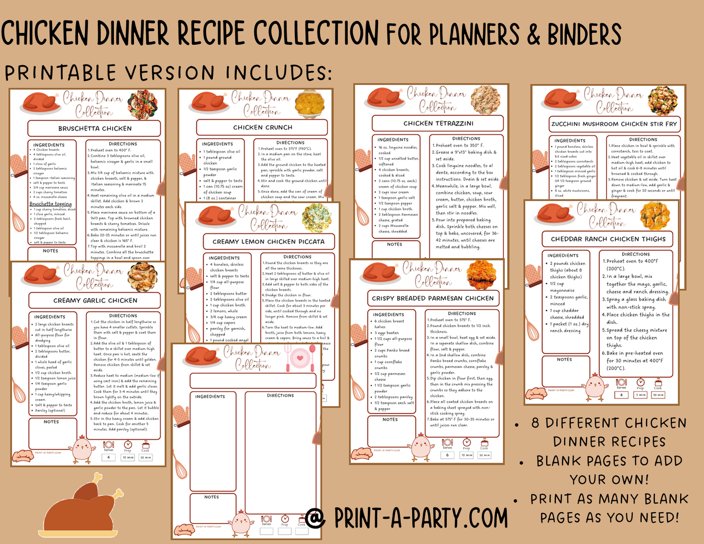 DIY Cookbook | CHICKEN DINNER Recipe Collection | PRINTABLE OR EDITABLE | Planner and Binder Size | Meal Plan | Planner Recipes | Binder Recipes