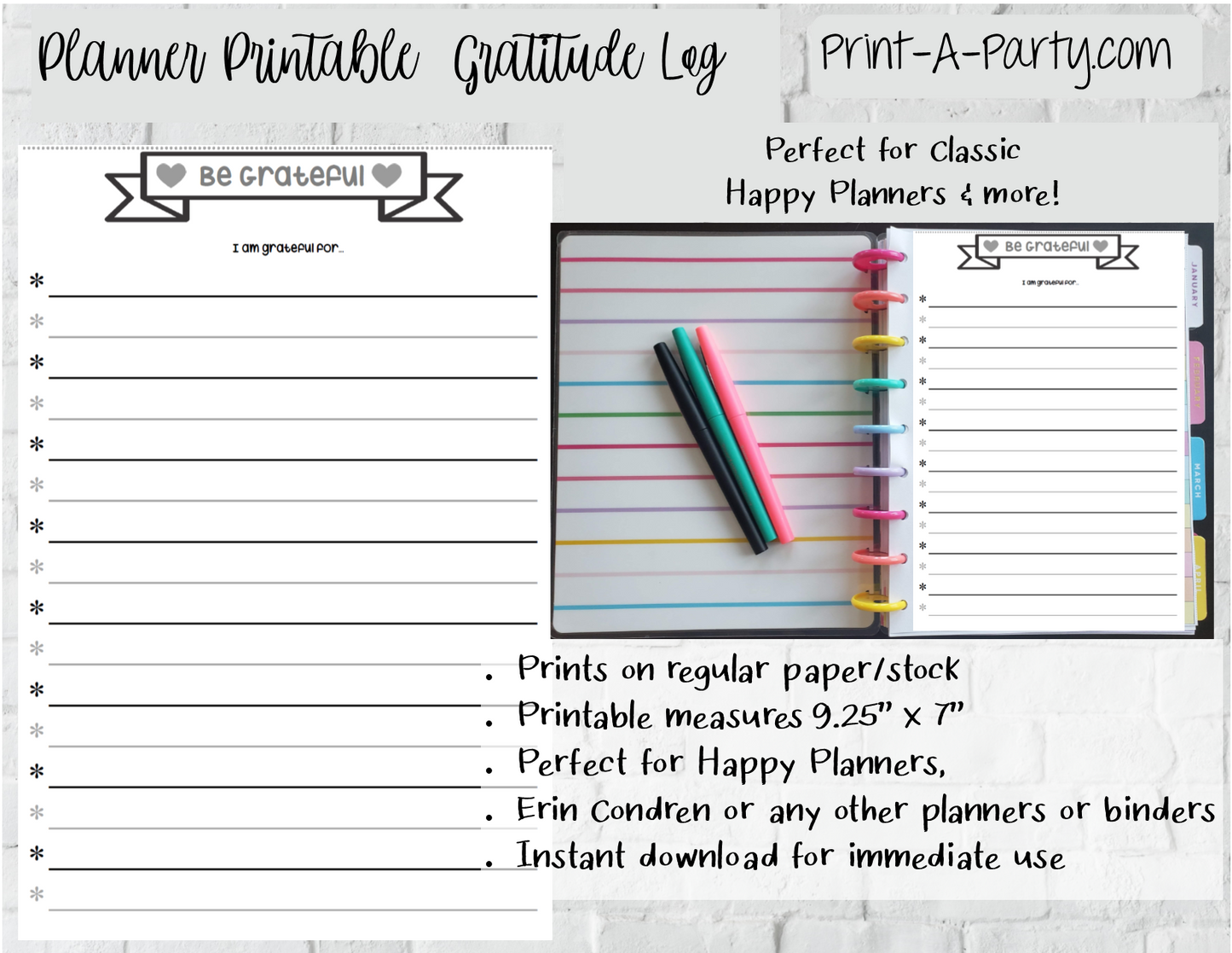 Gratitude Log Page | Planner List | Classic Happy Planner | Planner Printable