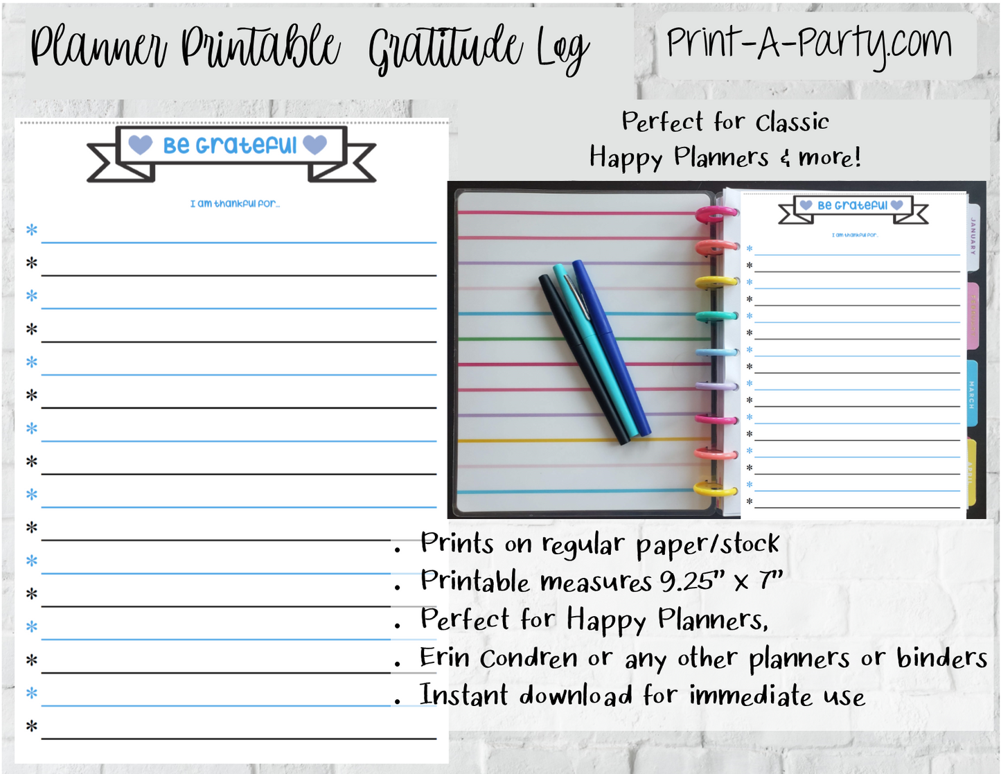 Gratitude Log Page | Planner List | Classic Happy Planner | Planner Printable