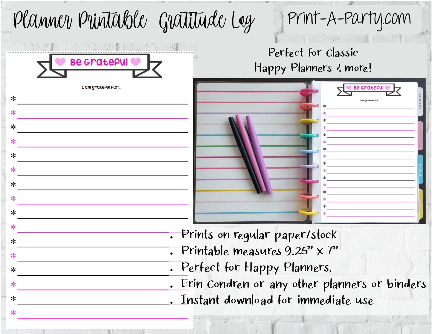 Gratitude Log Page | Planner List | Classic Happy Planner | Planner Printable