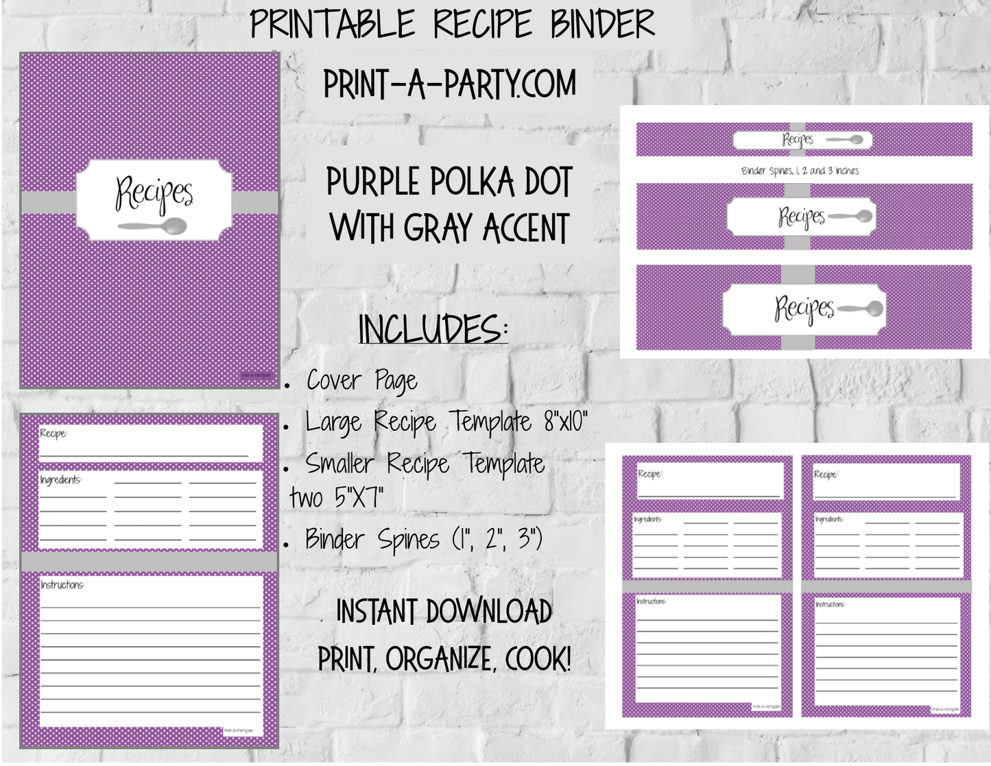 RECIPE BINDER KIT: Polka Dots Theme - INSTANT DOWNLOAD