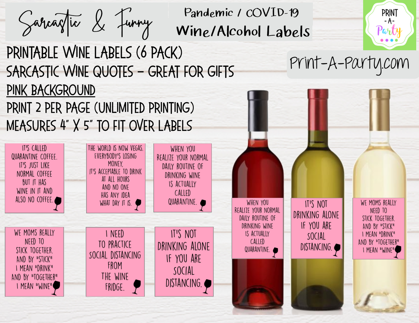 WINE LABELS: COVID-19 | Quarantine | Pandemic | Sarcastic Funny (6) - INSTANT DOWNLOAD - Use again and again!