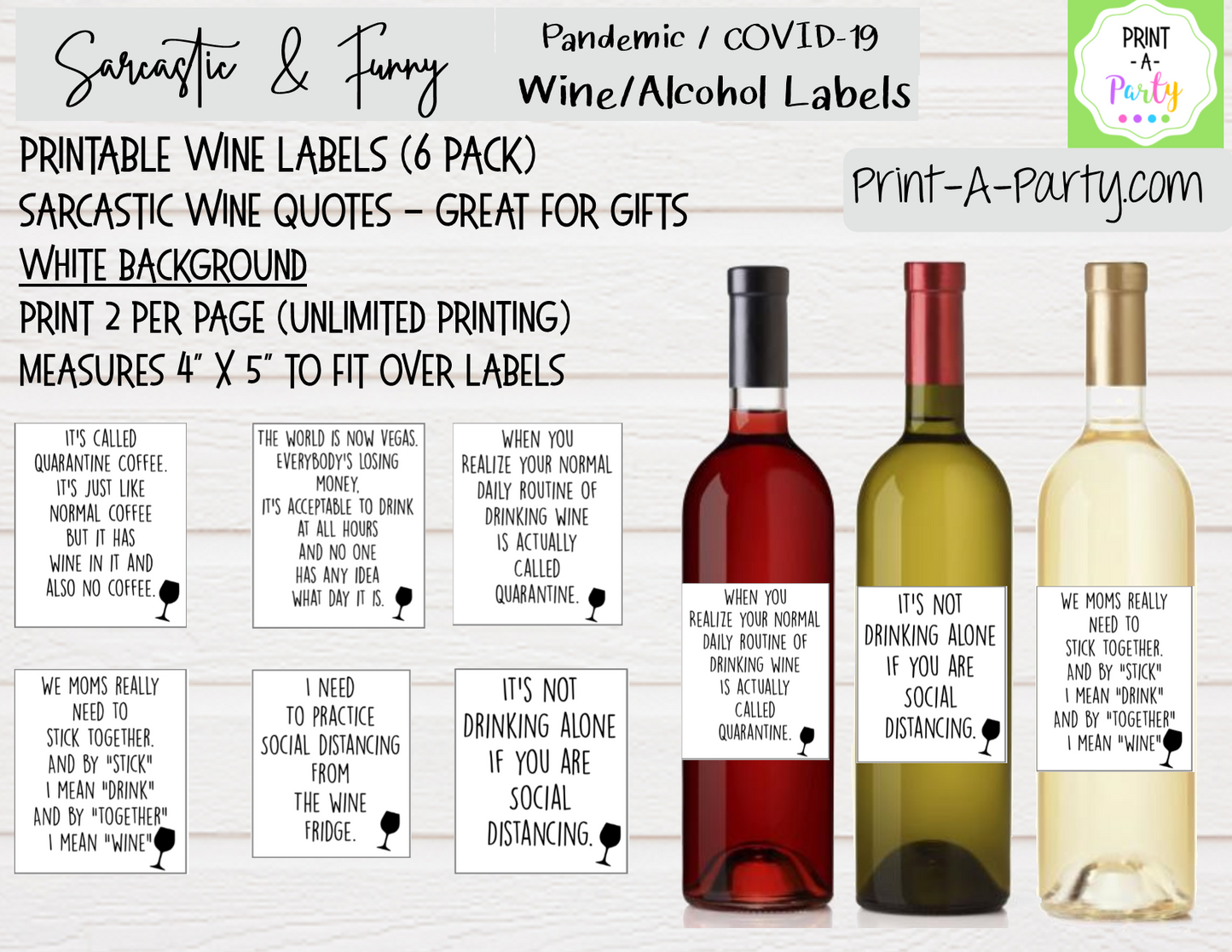 WINE LABELS: COVID-19 | Quarantine | Pandemic | Sarcastic Funny (6) - INSTANT DOWNLOAD - Use again and again!