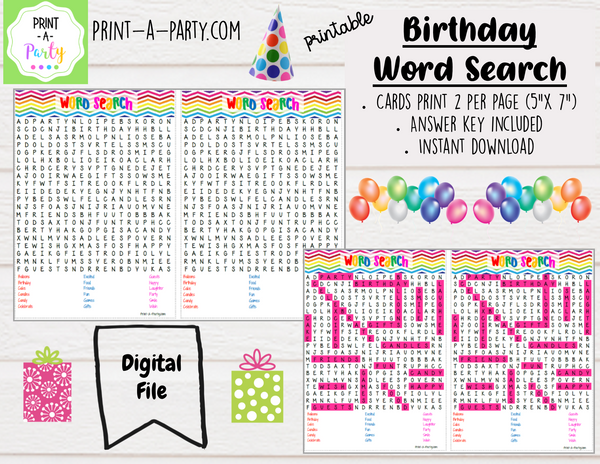 WORD SEARCH: Colorful Birthday Game | Rainbow | Birthday Party | Games - INSTANT DOWNLOAD