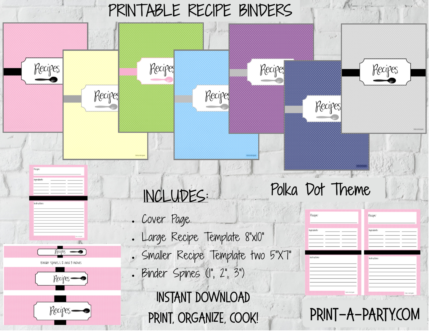 RECIPE BINDER KIT: Polka Dots Theme - INSTANT DOWNLOAD