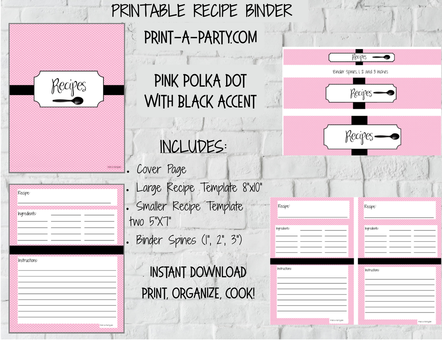 RECIPE BINDER KIT: Polka Dots Theme - INSTANT DOWNLOAD