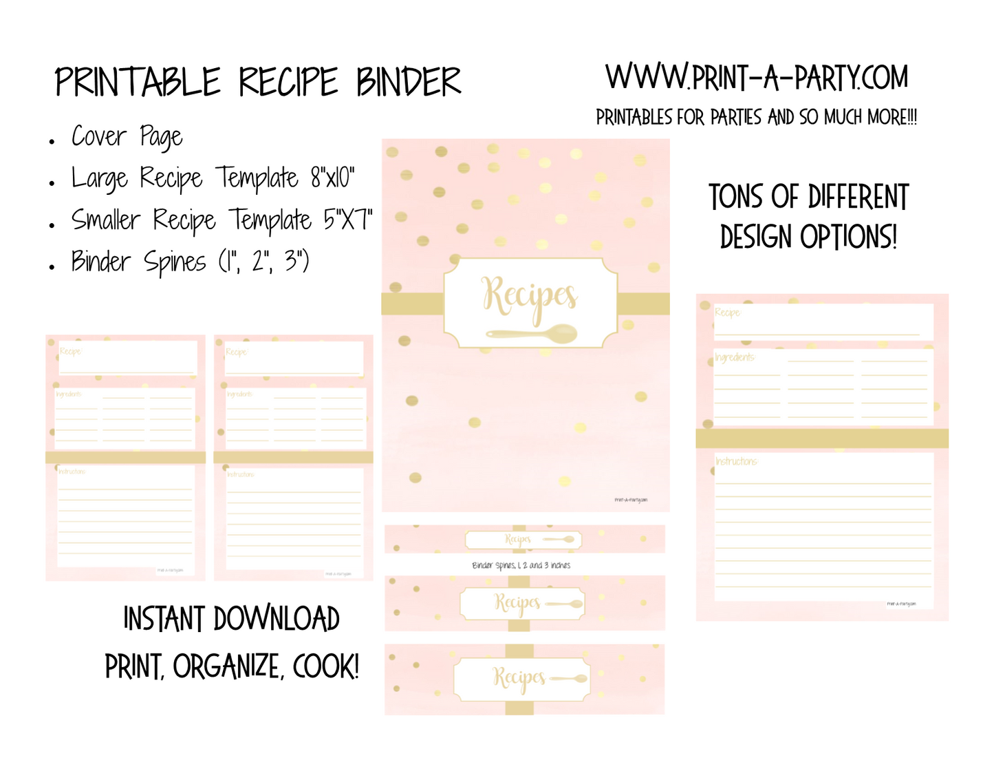 RECIPE BINDER | Printable Kit for DIY Recipe Binder | Home Organization | Recipe Organization | INSTANT DOWNLOAD - Cover | Spines | Recipe Layouts