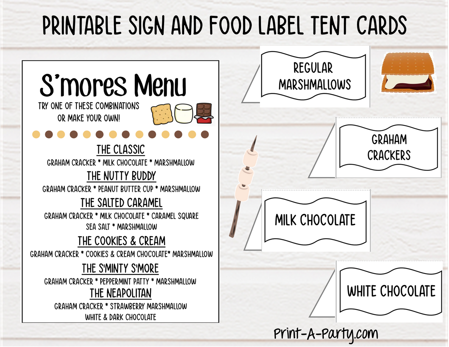 S'MORES BAR Setup - White | Make your own S'Mores Sign | Party Food Station | Party Food Bar | 4th July | Summer | Showers | Fall | DIY Smores Bar