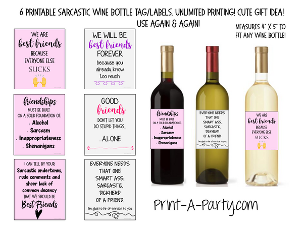 WINE LABELS: Friends | Girlfriends | Girl's Night Out | Bachelorette Party | Sarcastic Funny (6) - INSTANT DOWNLOAD - Use again and again!