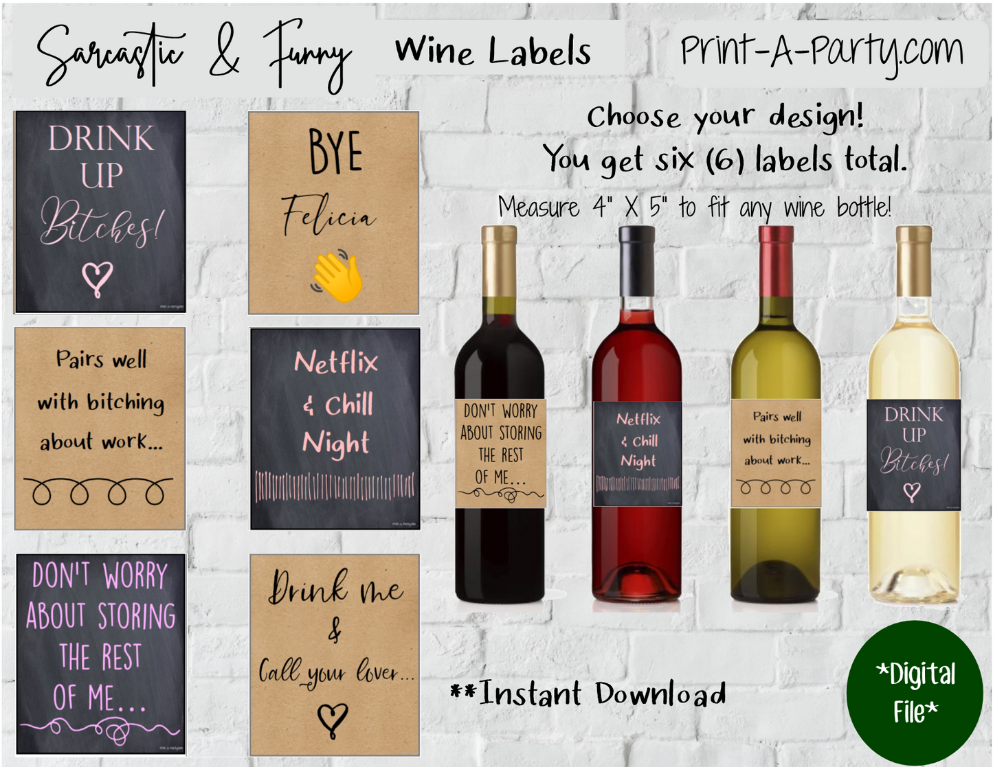 WINE LABELS: Friends | Girlfriends | Girls Night Out | Bachelorette Party | Sarcastic Funny (6)  Labels - INSTANT DOWNLOAD - Use again and again!