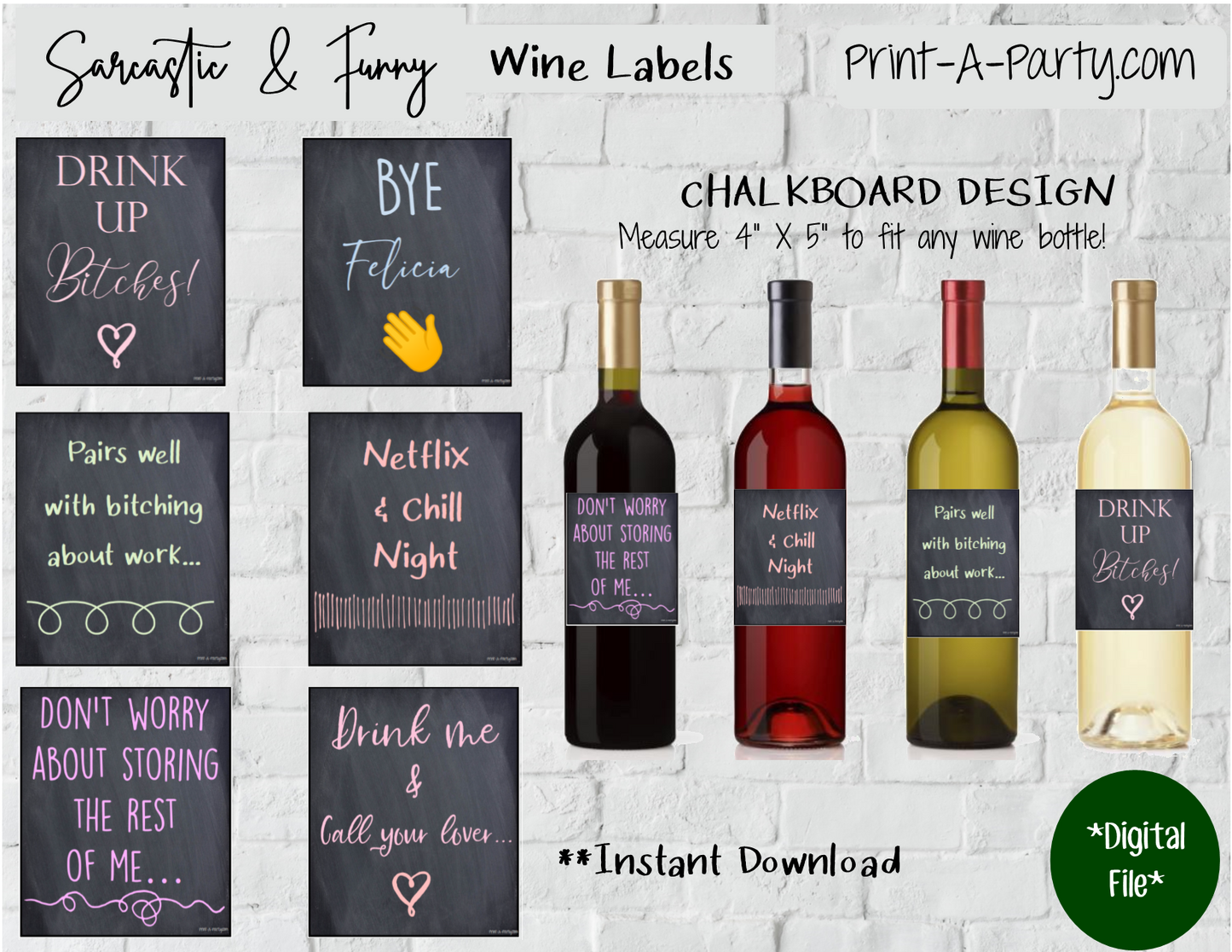 WINE LABELS: Friends | Girlfriends | Girls Night Out | Bachelorette Party | Sarcastic Funny (6)  Labels - INSTANT DOWNLOAD - Use again and again!