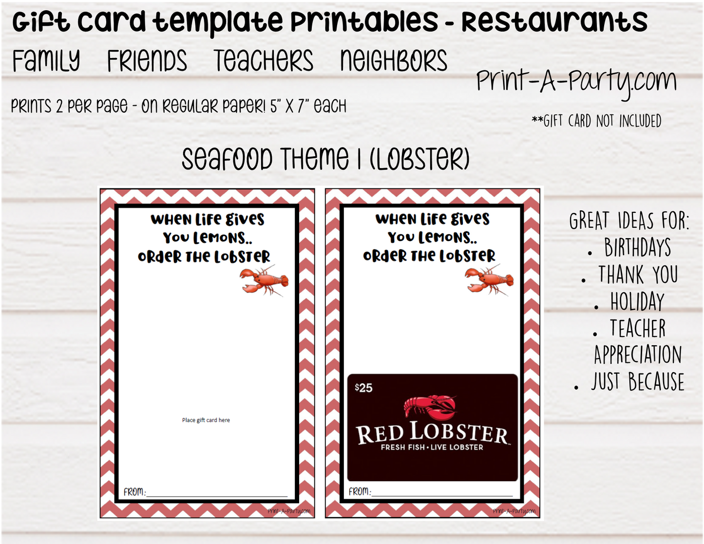 GIFT CARD Templates | Restaurants | Whataburger | Red Lobster | Pasta | Tacos | Coffee | Starbucks and more  - INSTANT DOWNLOAD - Use each year!