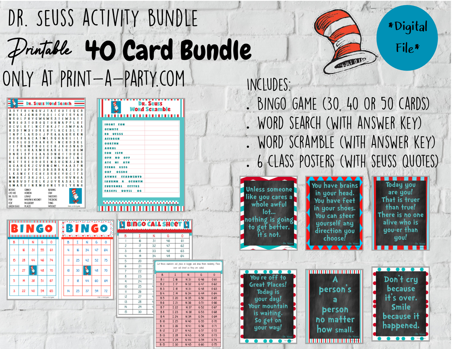 ACTIVITY BUNDLE: Dr. Seuss  | Classrooms | Parties | Activities | Bingo | Word Search | Word Scramble | Class Posters INSTANT DOWNLOAD