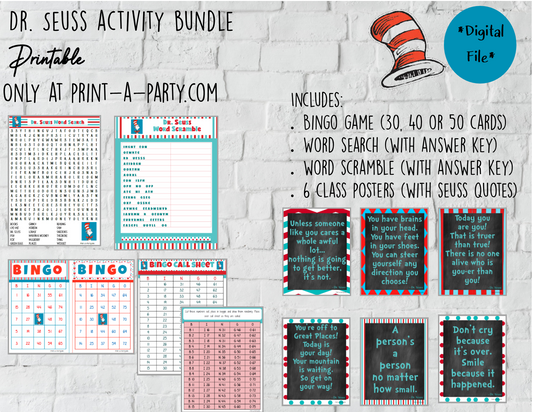 ACTIVITY BUNDLE: Dr. Seuss  | Classrooms | Parties | Activities | Bingo | Word Search | Word Scramble | Class Posters INSTANT DOWNLOAD