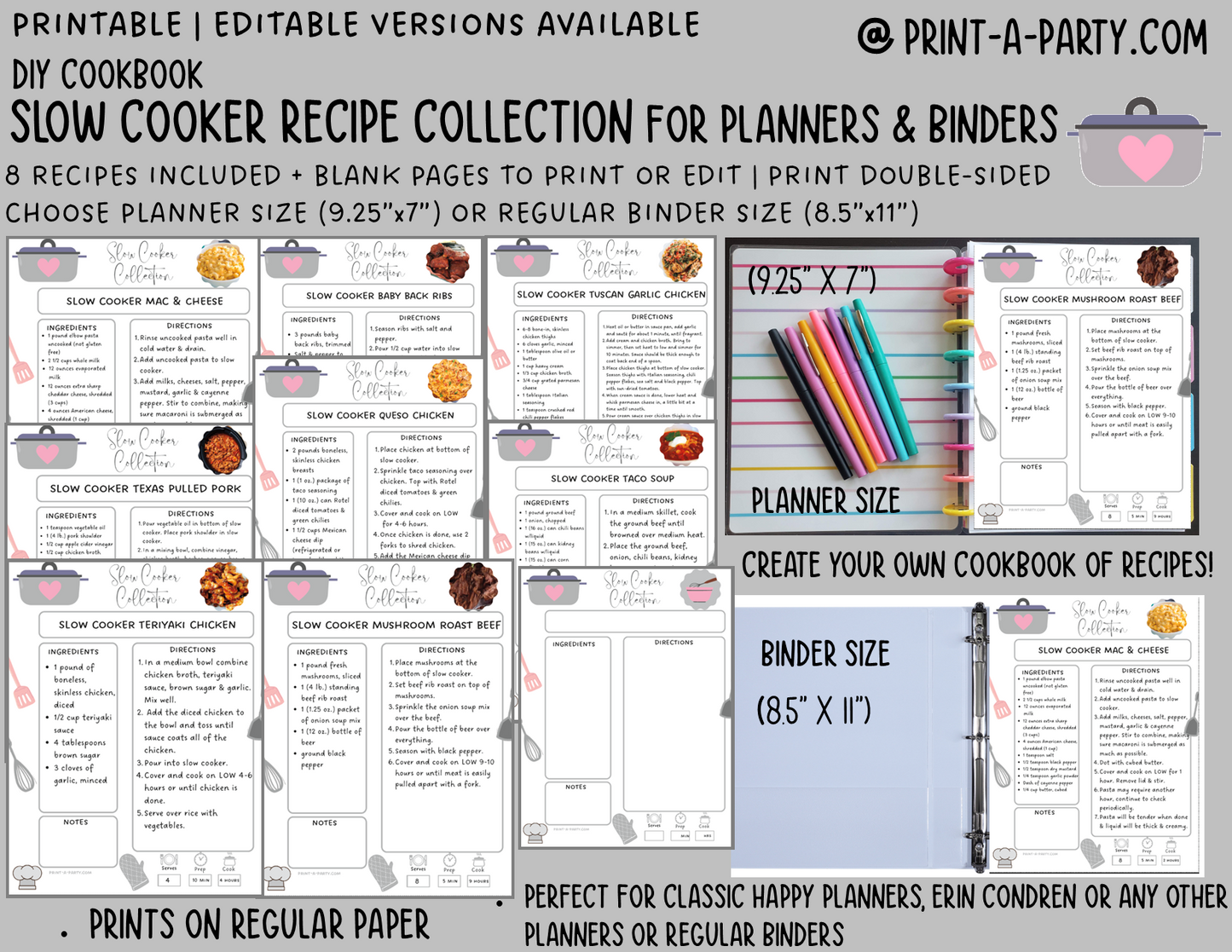 DIY Cookbook | SLOW COOKER CROCK POT Recipe Collection | PRINTABLE OR EDITABLE | Planner | Meal Plan | Planner Recipes | Binder Recipes