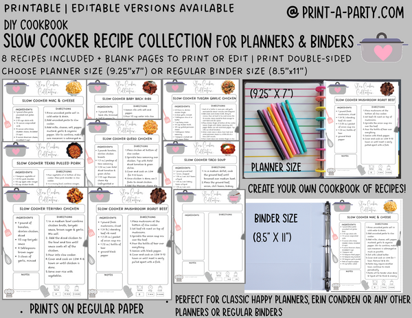 DIY Cookbook | SLOW COOKER CROCK POT Recipe Collection | Printable or Editable | Planner and Binder Size | Meal Plan | Planner Recipes | Binder Recipes