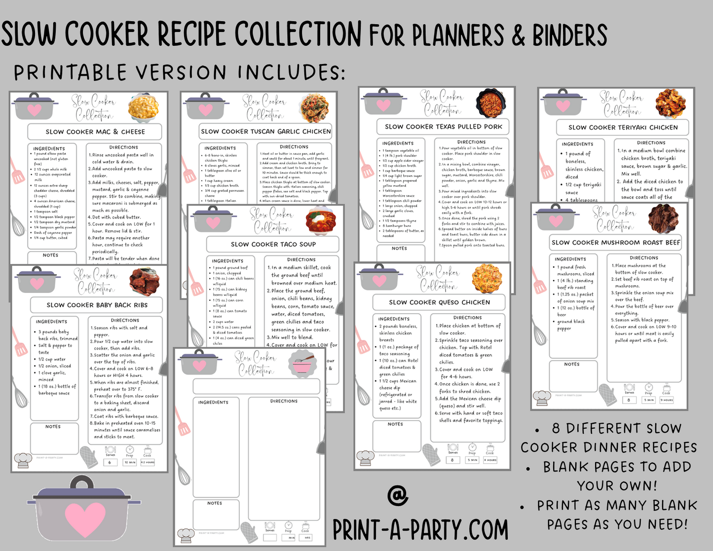 DIY Cookbook | SLOW COOKER CROCK POT Recipe Collection | PRINTABLE OR EDITABLE | Planner | Meal Plan | Planner Recipes | Binder Recipes