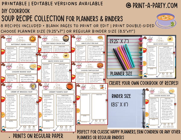 DIY Cookbook | SOUP Recipe Collection | PRINTABLE OR EDITABLE | Planner and Binder Size | Meal Plan | Planner Recipes | Binder Recipes