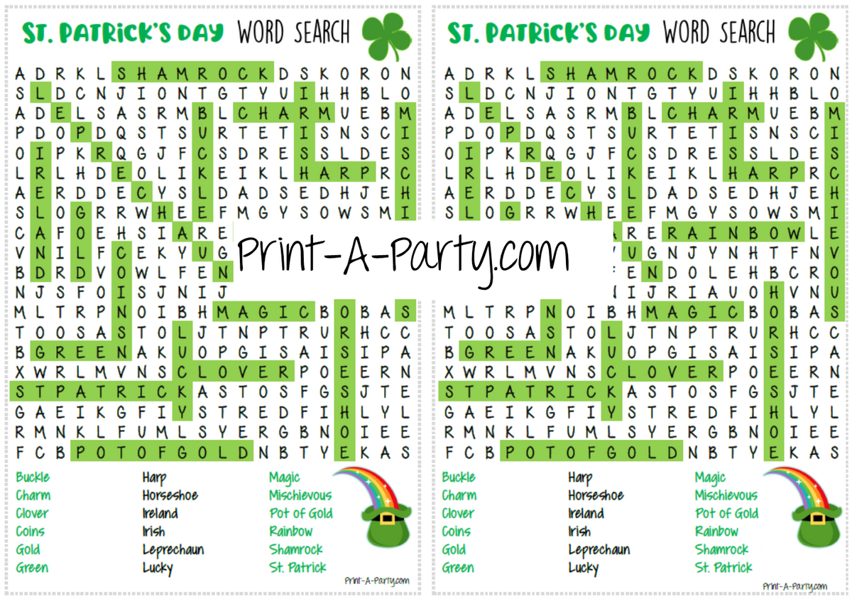 Printable St. Patrick's Day Word Search Game – PrintAParty