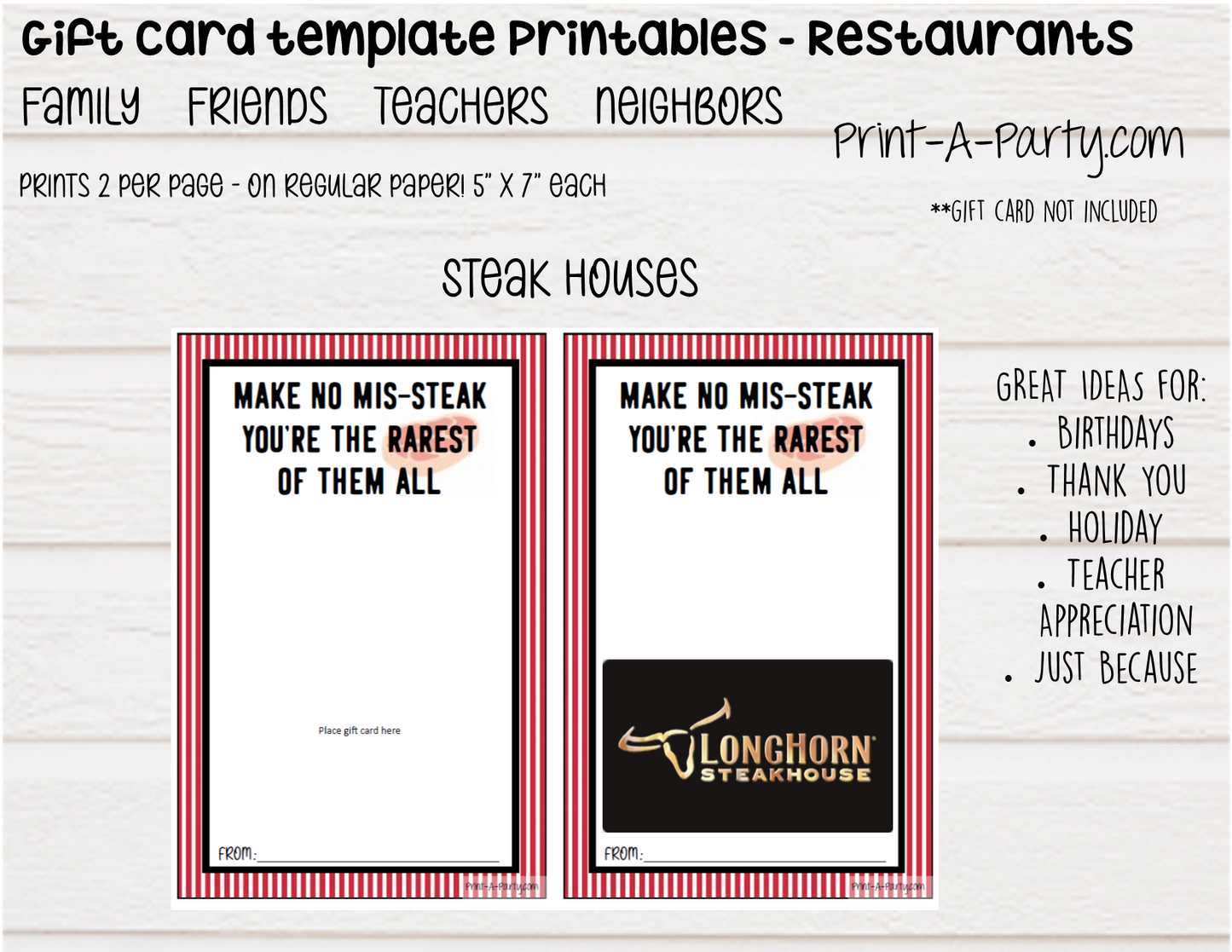 GIFT CARD Templates | Restaurants | Whataburger | Red Lobster | Pasta | Tacos | Coffee | Starbucks and more  - INSTANT DOWNLOAD - Use each year!