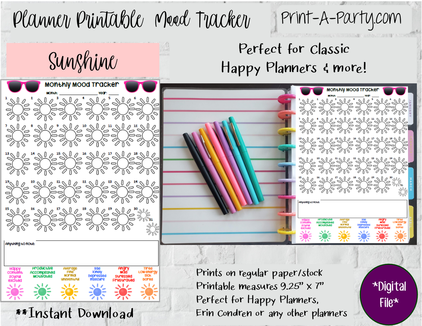 Mood Tracker | Monthly Mood Tracker | Classic Happy Planner | Planner Printable