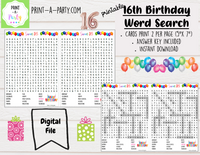 WORD SEARCH: 16th Birthday | Sweet 16 | Party Game | Printable | INSTANT DOWNLOAD