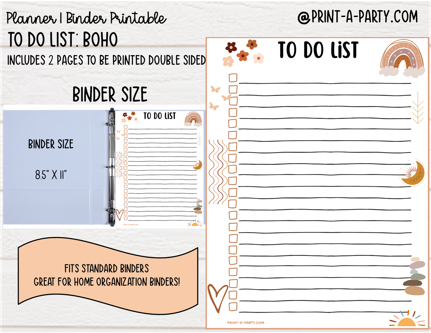 To Do List Printable | BOHO THEME | Planner & Binder Sizes | To Do List | Classic Happy Planner | Home Management Organization Binder | Planner Printable