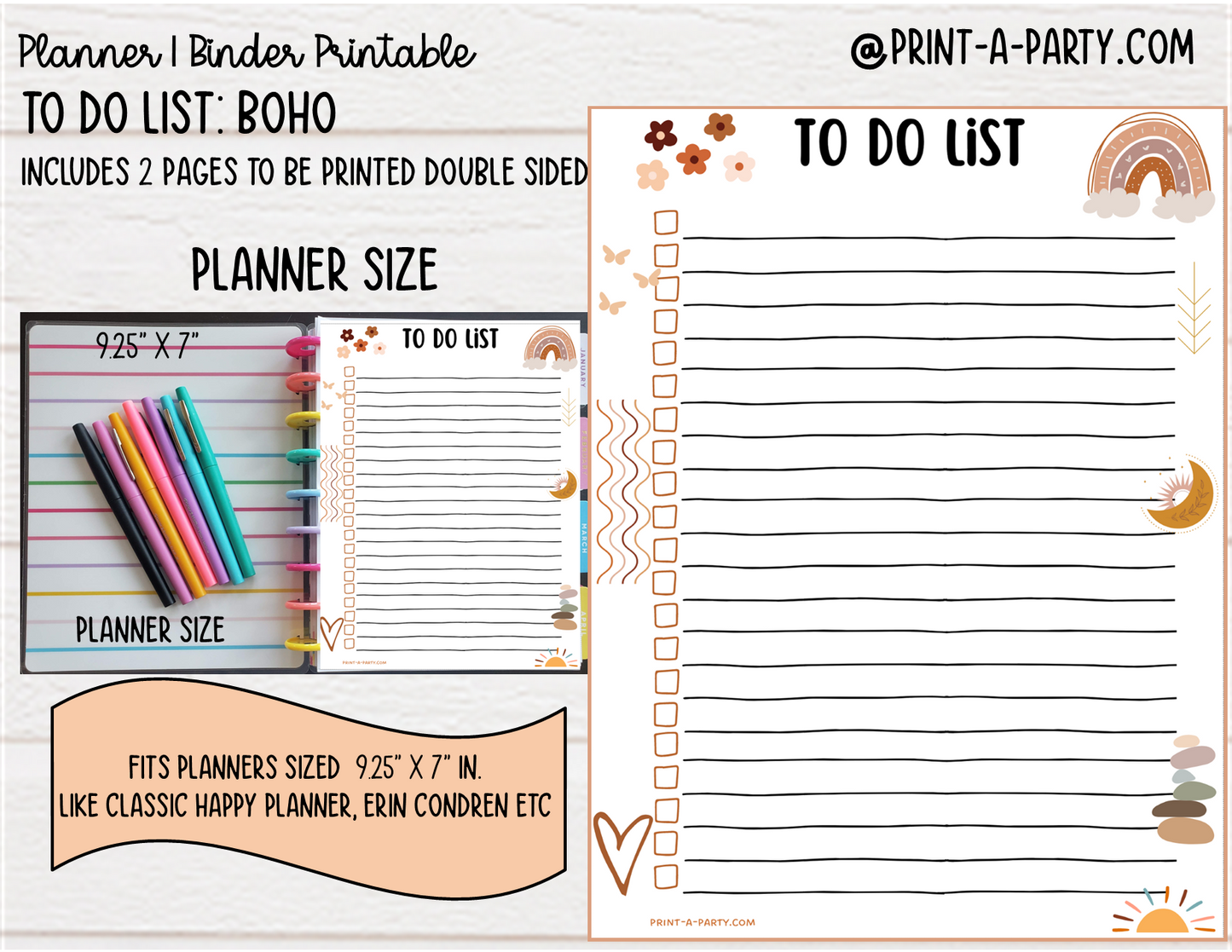 To Do List Printable | BOHO THEME | Planner & Binder Sizes | To Do List | Classic Happy Planner | Home Management Organization Binder | Planner Printable