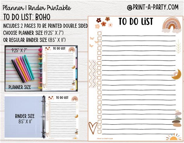 To Do List Printable | BOHO THEME | Planner & Binder Sizes | To Do List | Classic Happy Planner | Home Management Organization Binder | Planner Printable