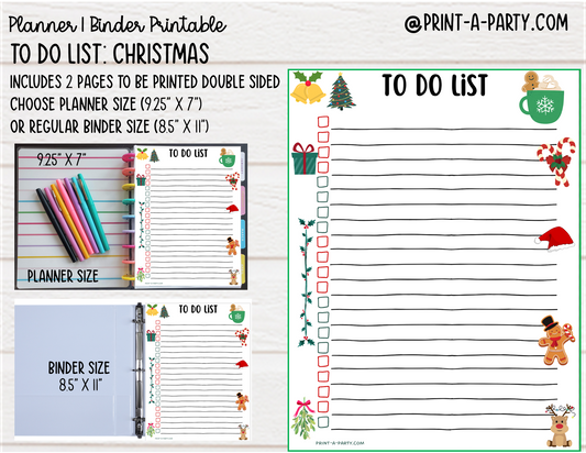 To Do List Printable | CHRISTMAS THEME | Planner & Binder Sizes | To Do List | Classic Happy Planner | Home Management Organization Binder | Planner Printable