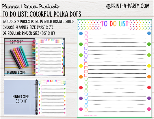 To Do List Printable | COLORFUL POLKA DOTS THEME | Planner & Binder Sizes | To Do List | Classic Happy Planner | Home Management Organization Binder | Planner Printable