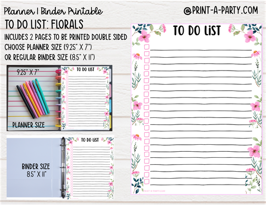 To Do List Printable | FLORALS THEME | Planner & Binder Sizes | To Do List | Classic Happy Planner | Home Management Organization Binder | Planner Printable