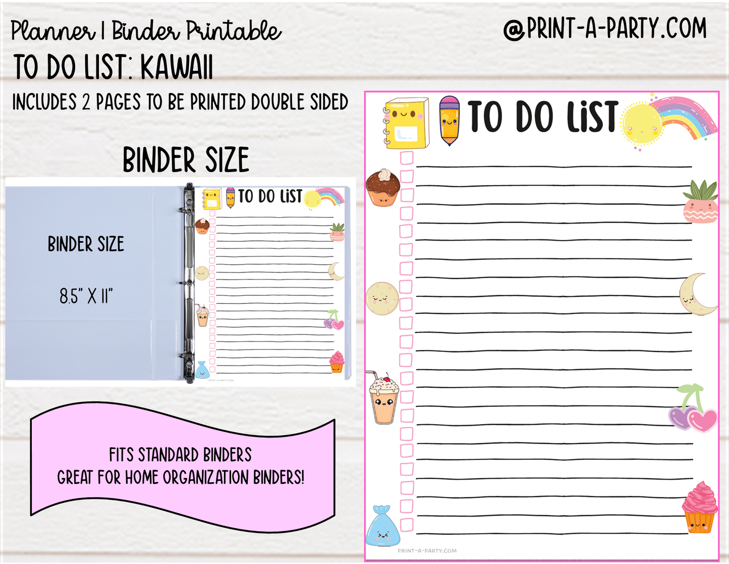 To Do List Printable | KAWAII THEME | Planner & Binder Sizes | To Do List | Classic Happy Planner | Home Management Organization Binder | Planner Printable