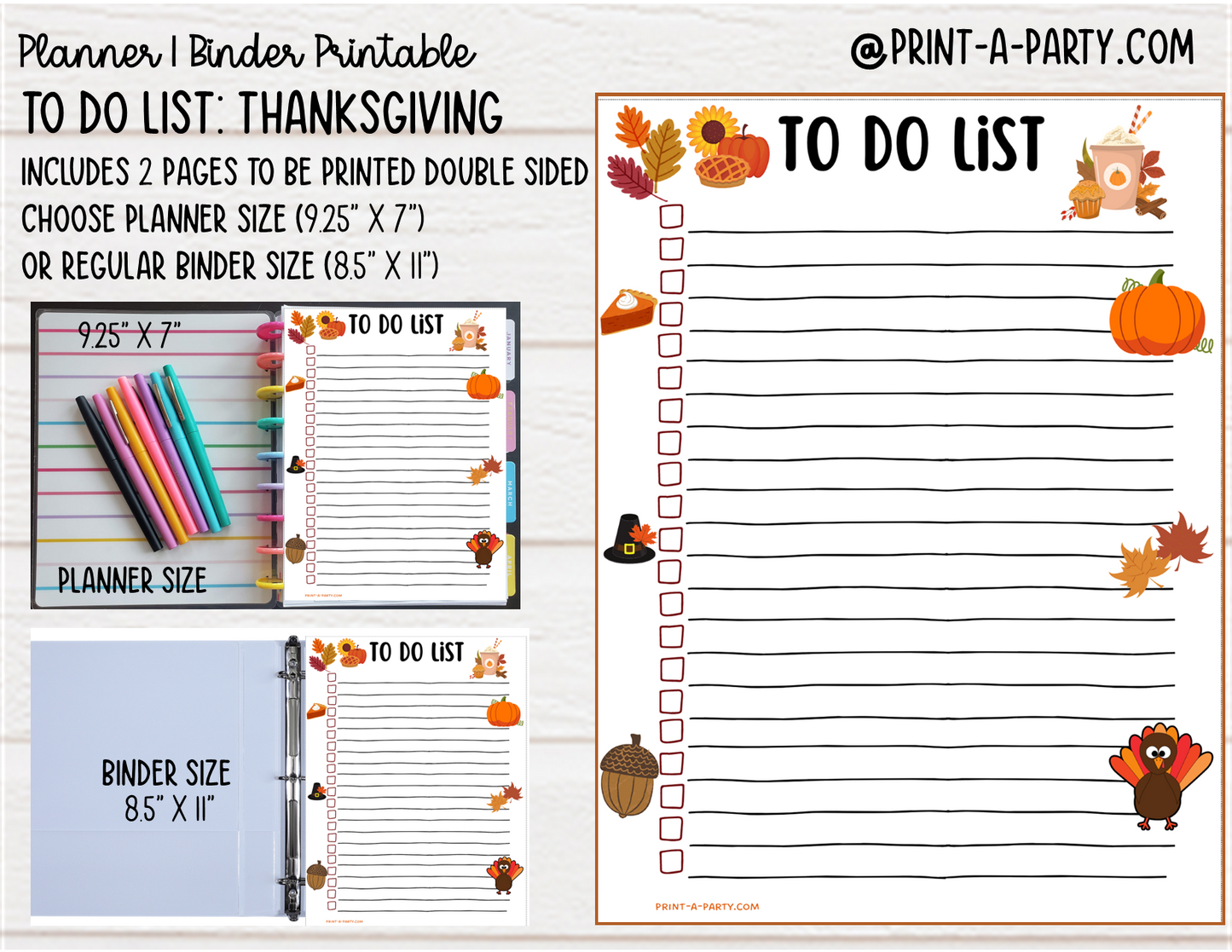 To Do List Printable | THANKSGIVING THEME | Planner & Binder Sizes | To Do List |  | Classic Happy Planner | Home Management Organization Binder | Planner Printable