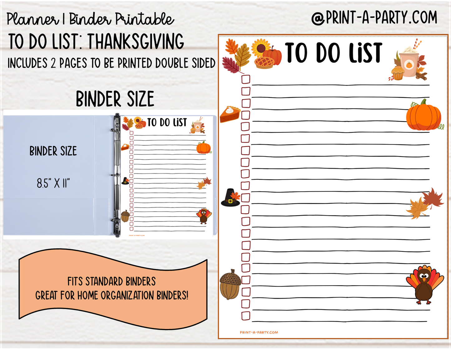 To Do List Printable | THANKSGIVING THEME | Planner & Binder Sizes | To Do List |  | Classic Happy Planner | Home Management Organization Binder | Planner Printable