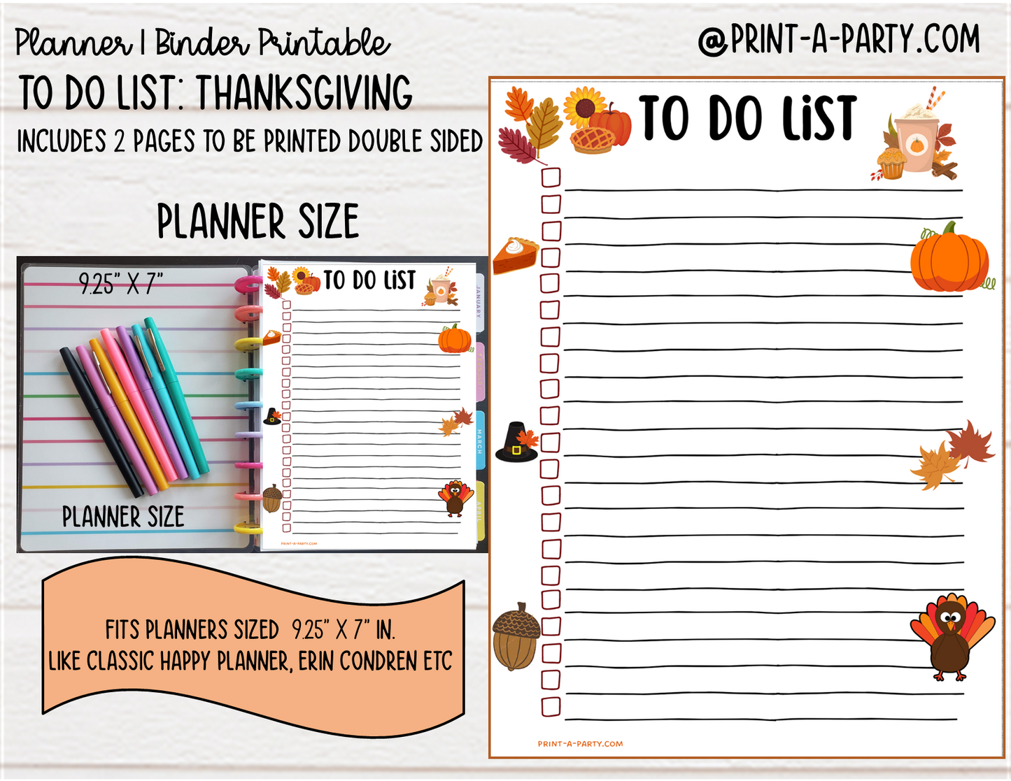 To Do List Printable | THANKSGIVING THEME | Planner & Binder Sizes | To Do List |  | Classic Happy Planner | Home Management Organization Binder | Planner Printable