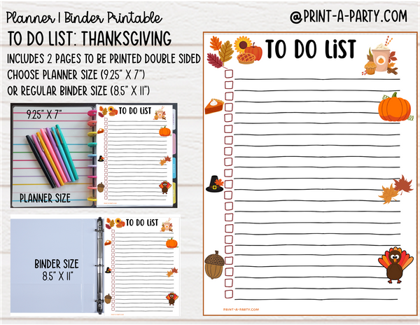 To Do List Printable | THANKSGIVING THEME | Planner & Binder Sizes | To Do List |  | Classic Happy Planner | Home Management Organization Binder | Planner Printable