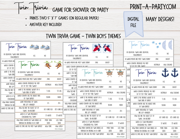 TWIN TRIVIA Game | TWIN BOYS | Baby Shower or Party - INSTANT DOWNLOAD