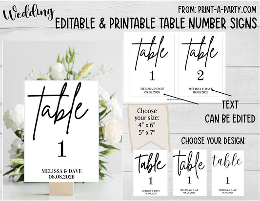 TABLE NUMBER SIGNS EDITABLE & PRINTABLE | Table Number Signs for Wedding or Baby Shower | Editable Table Number Signs | Printable Table Number Signs |Simple Modern Wedding |  | Edit names and dates