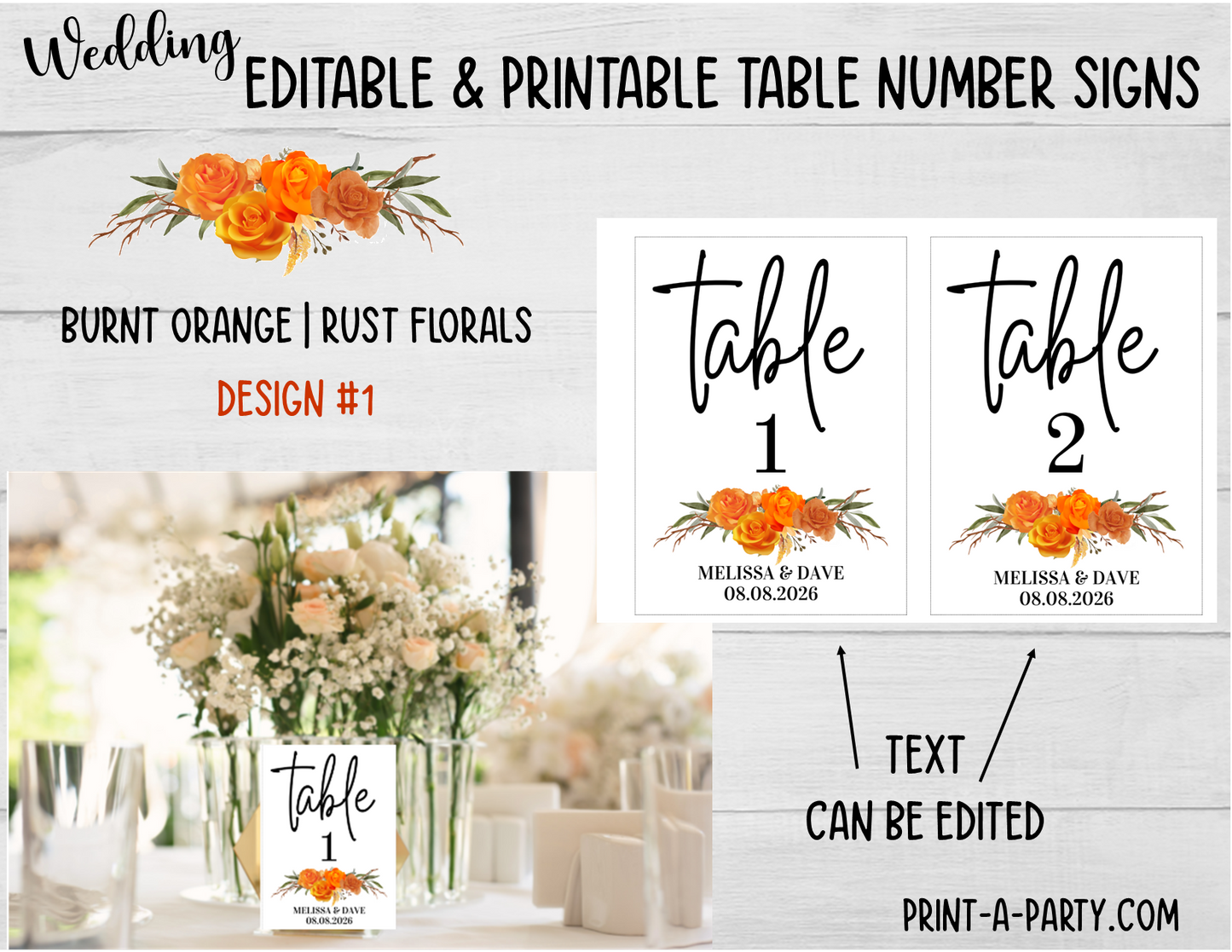 TABLE NUMBER SIGNS EDITABLE & PRINTABLE | Table Number Signs for Wedding or Baby Shower | Burnt Orange, Rust Florals | Editable Table Number Signs