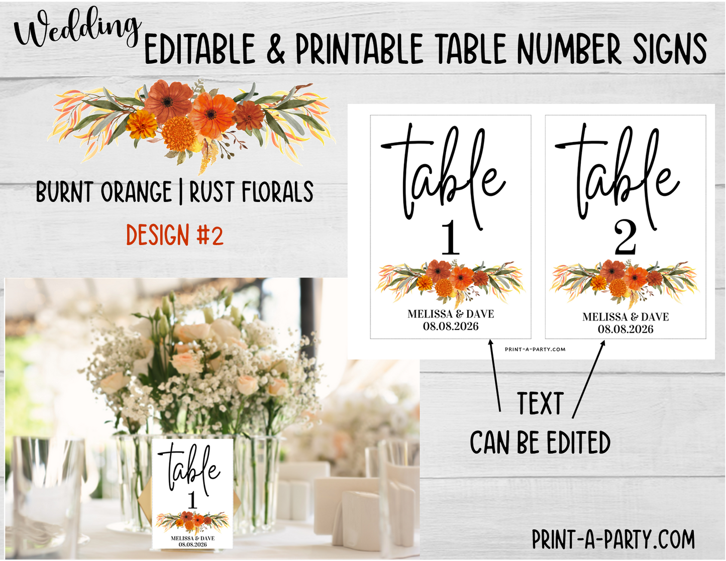 TABLE NUMBER SIGNS EDITABLE & PRINTABLE | Table Number Signs for Wedding or Baby Shower | Burnt Orange, Rust Florals | Editable Table Number Signs