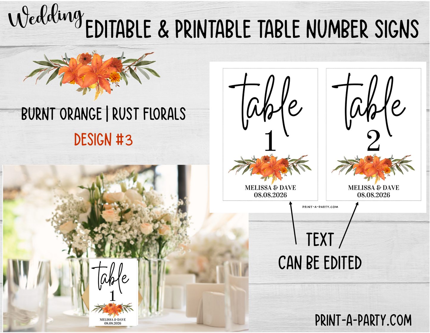 TABLE NUMBER SIGNS EDITABLE & PRINTABLE | Table Number Signs for Wedding or Baby Shower | Burnt Orange, Rust Florals | Editable Table Number Signs