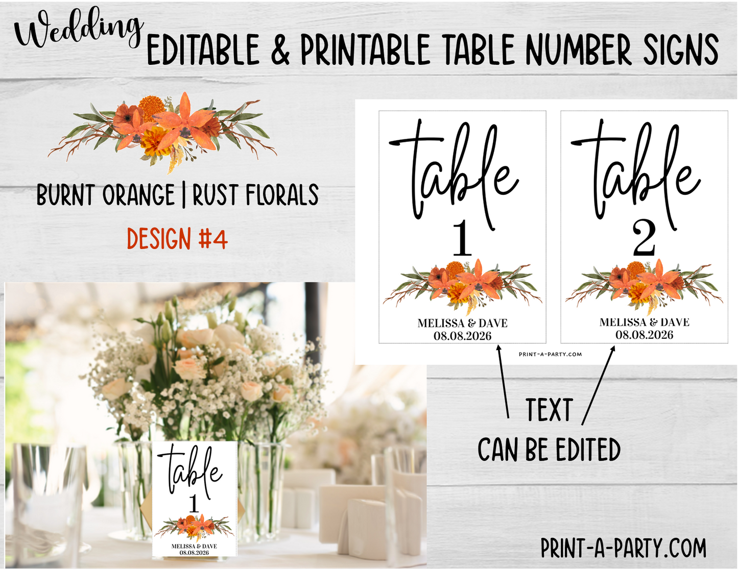 TABLE NUMBER SIGNS EDITABLE & PRINTABLE | Table Number Signs for Wedding or Baby Shower | Burnt Orange, Rust Florals | Editable Table Number Signs