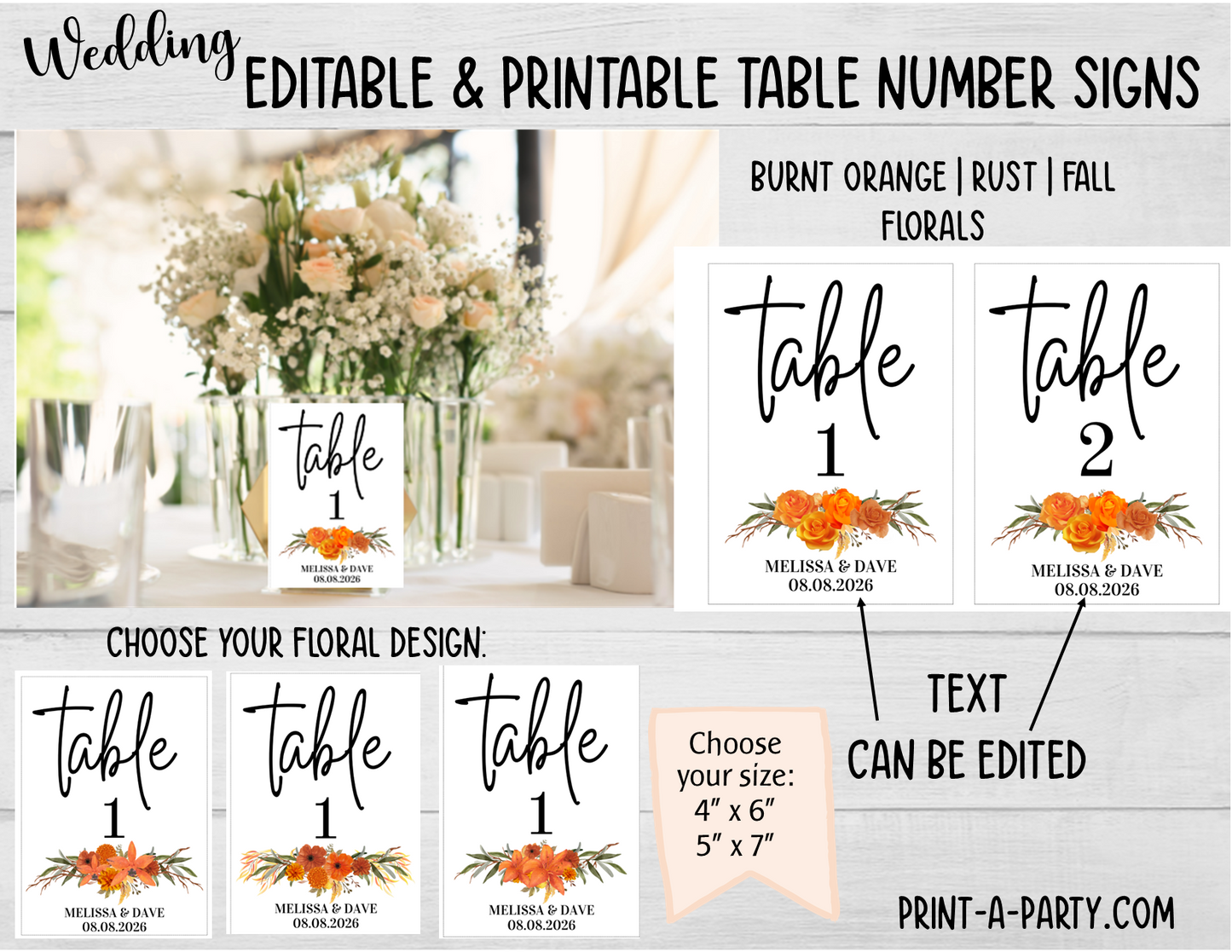 TABLE NUMBER SIGNS EDITABLE & PRINTABLE | Table Number Signs for Wedding or Baby Shower | Burnt Orange, Rust Florals | Editable Table Number Signs