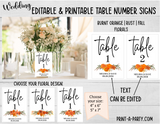 TABLE NUMBER SIGNS EDITABLE & PRINTABLE | Table Number Signs for Wedding or Baby Shower | Burnt Orange, Rust Florals | Table Number Signs | Editable Table Number Signs | Printable Table Number Signs | Floral Table Number Signs |